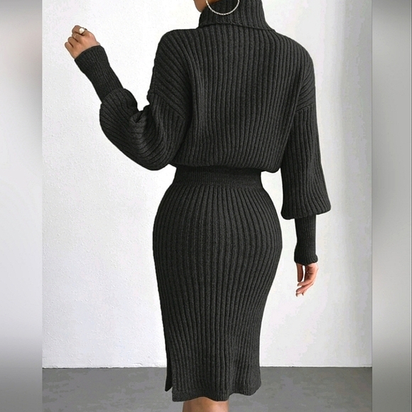 NEW Luxe Ribbed Knit Turtleneck Sweater Dress Long Sleeve Black - Picture 5 of 9